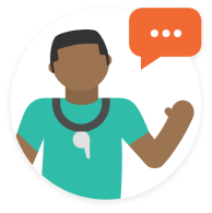 Coach waving with a speech bubble